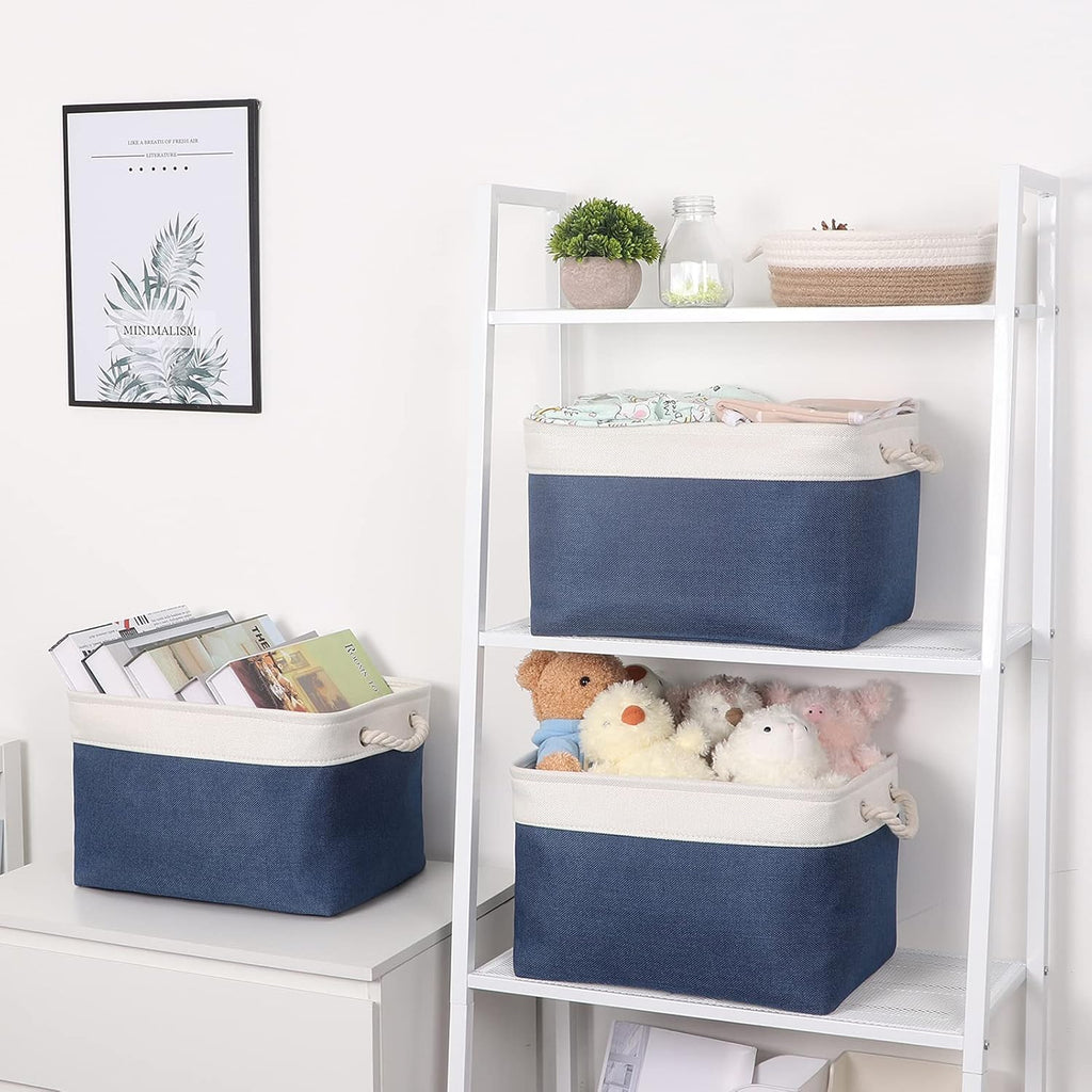 Bidtakay Storage Baskets Collapsible [3-Pack] Decorative Storage Bins with Cotton Rope Handles 15 X 11 X 9.5 Inch Organizing Baskets for Shelves Clothes Closet Navy Blue Baskets for Gifts Empty