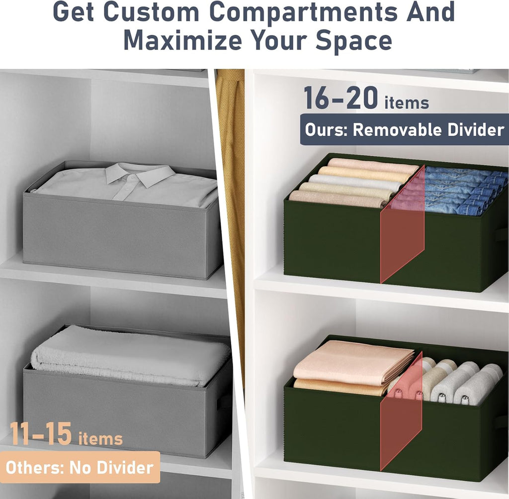 DIMJ Large Closet Shelf Organizer Bins 6 Packs with Handles and Divider, Fabric Trapezoid Storage Baskets, Foldable Clothes Containers Box for Shelf, Towel, Book, Toy, Purse, Hats, Green