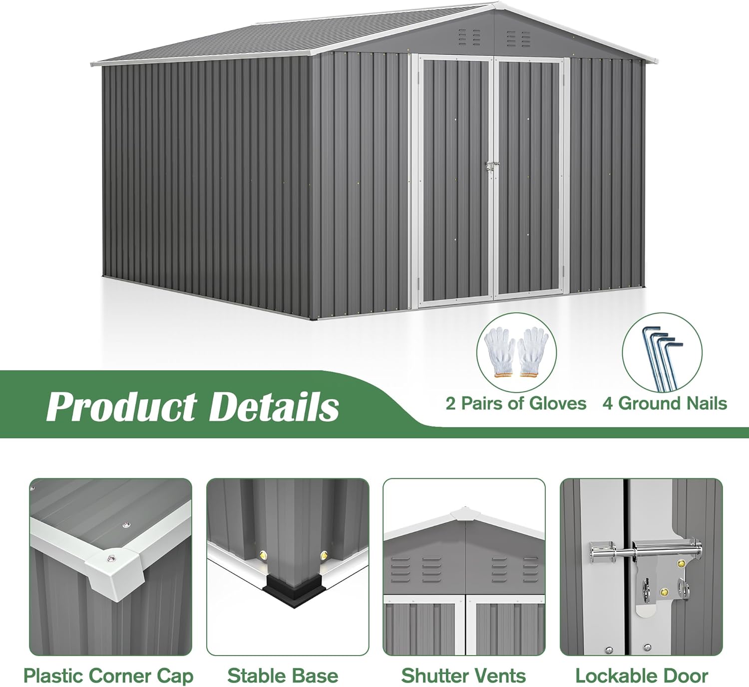 10 x 10 FT Outdoor Shed, Metal Storage Garden Shed with Lockable Door, Large Space Tool Shed for Backyard, Patio, Lawn