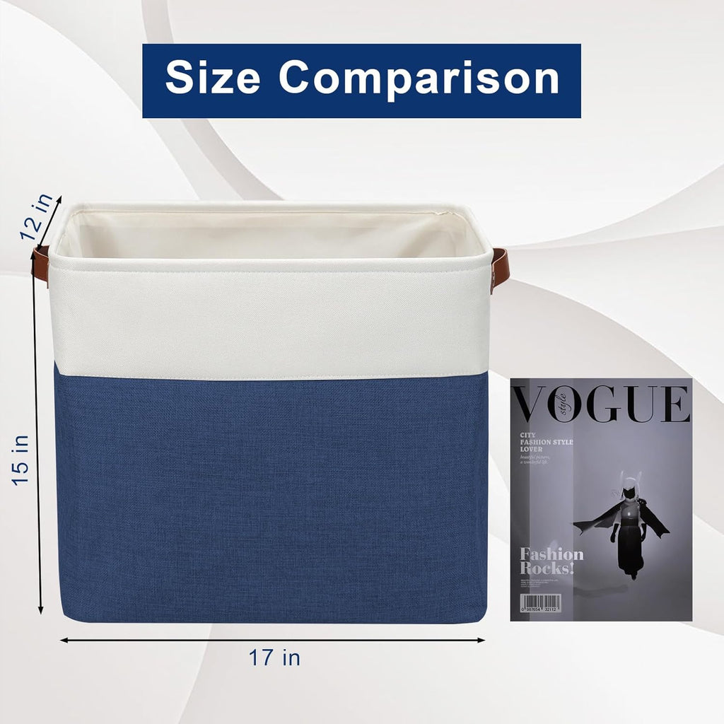 Large Fabric Storage Baskets | 50L Storage Bins, Decorative Linen Closet Baskets with Handles for Organizing, Shelf, Toys, Clothes, Home, Office, Nursery, 17x12x15Inches (Navyblue&White)