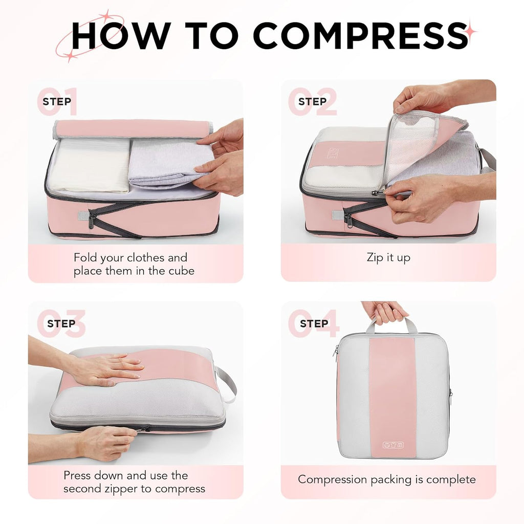 10 Set Compression Packing Cubes for Travel Essentials Women Mom,Compressible Expandable Packing Cubes for Suitcase,OlarHike Luggage Organizer Bags for Travel,Handy Helper for Organizing Clothes(Pink)