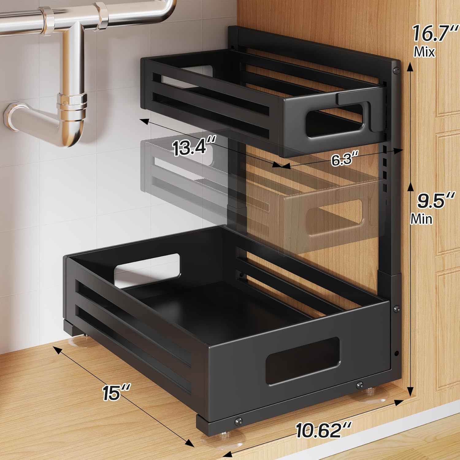 1 Pack Under Sink Organizer,Pull Out Cabinet Organizer with Smooth Cylindrical Rail,Metal Slide Out Drawer for Kitchen Bathroom Laundry Cabinet,8-Level Tool Free Height Adjustable-Black