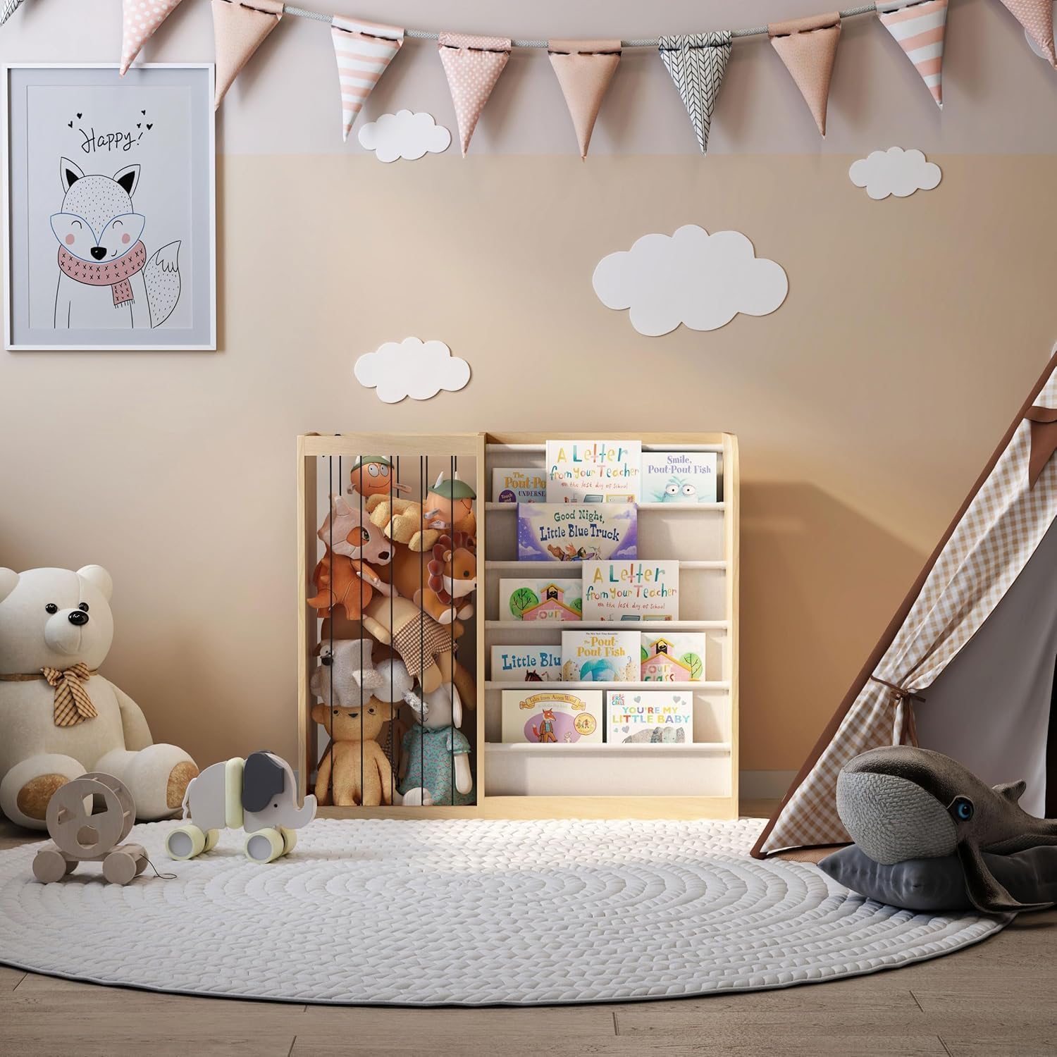 Natural Wood Kids Bookshelf & Stuffed Animal Net Holder Plush Toy Storage Organizer Child Bookcase Toddler Baby Sling Book Rack for Playroom Bedroom Nursery Infant Boys Girls Preschool