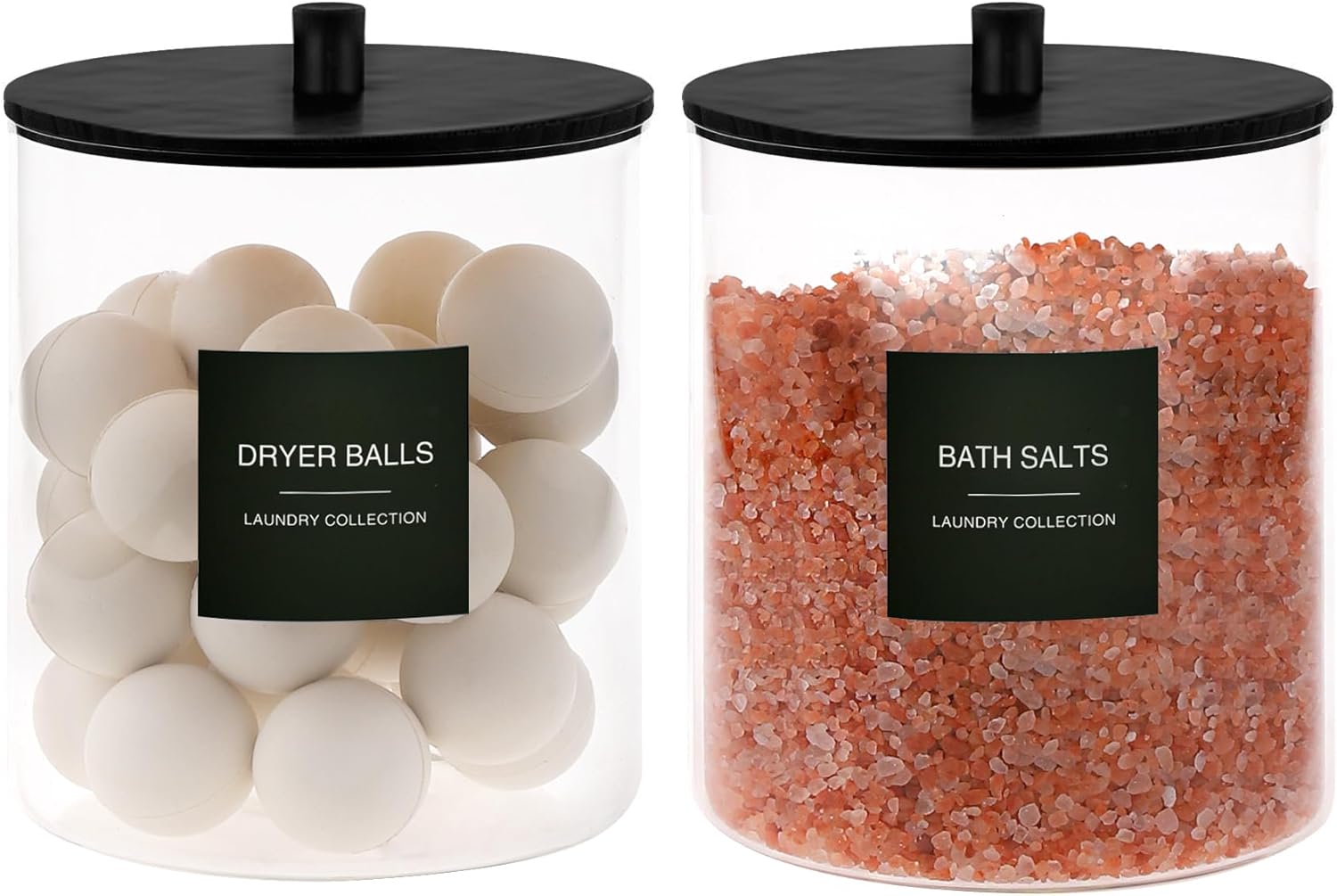 Glass Jars and Acrylic Dryer Sheet Holder, Laundry Pods Container with Bamboo Lid and 27 Labels, Powder Detergent Containers for Laundry Room Organization, Storage Jars Set (3 Pack, Black)