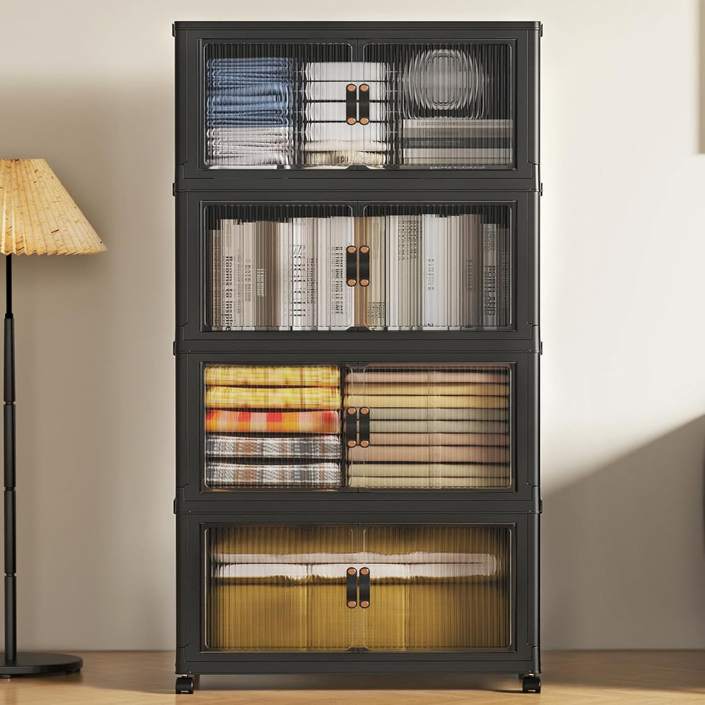 SAILUN 127Gal/508Qt Stackable Storage Bins Folding Collapsible Storage Bins with Lid, Closet Organizers and Storage Box with Door Black 28" W x 17" D x 61" H