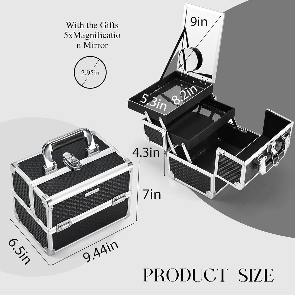 Joligrace Makeup Box Cosmetic Train Case Portable Makeup Organizer Case with Mirror 2 Tray Make up Storage Case for Nail Teach Craft Sewing Travel Vanity Modern Style Black