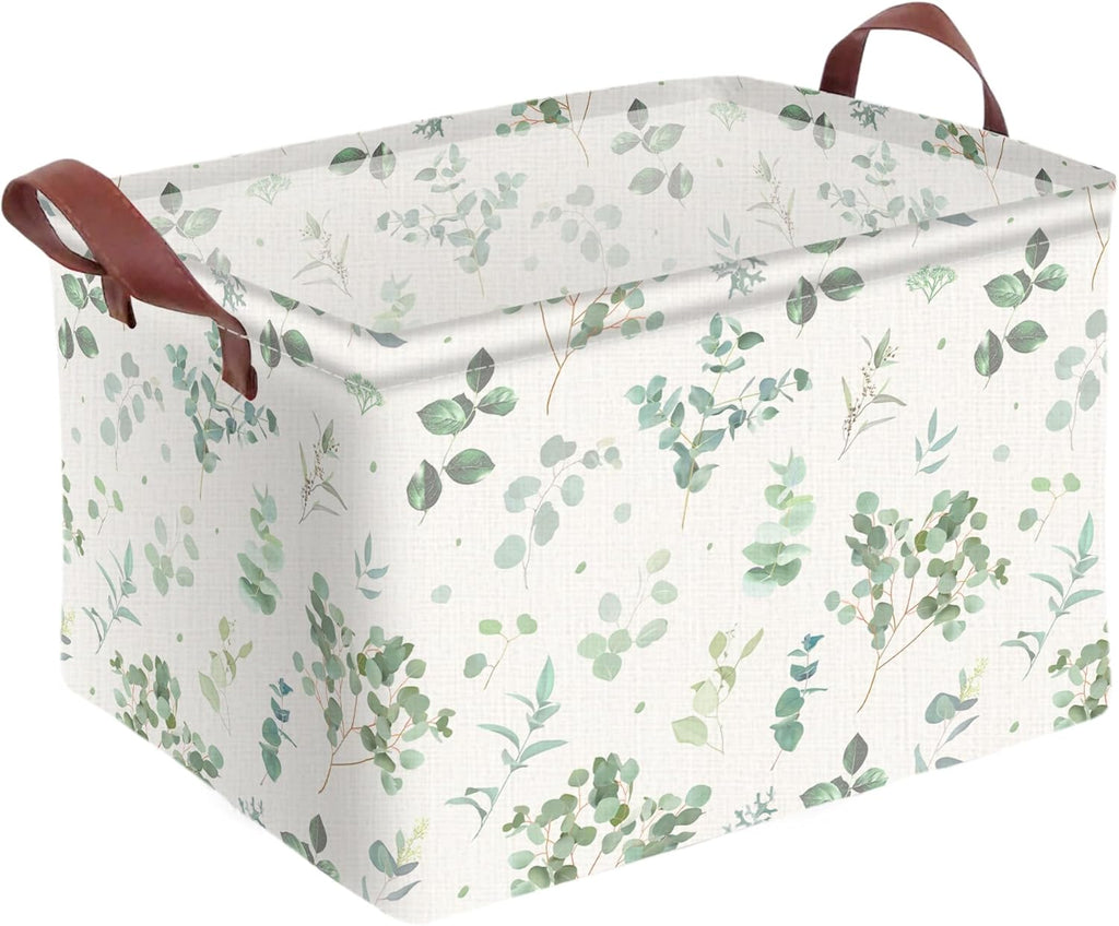 Sage Green Storage Basket Waterproof Canvas Toy Storage Bin Home Decor Collapsible Outdoor Basket with Leather Handles Sage Green Blanket Baskets For Closets,Bedrooms,Gifts Baskets