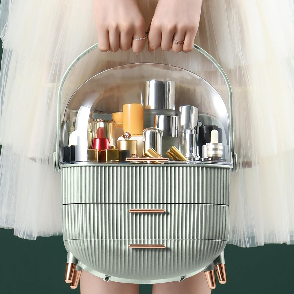 CANITORON Makeup Organizer,Skincare Organizer with 2 Drawers and Brush Storage Box,Lipstick Holder,Cosmetic Display Case for Vanity Organizer and Bathroom Countertop Storage.(Sage Green)