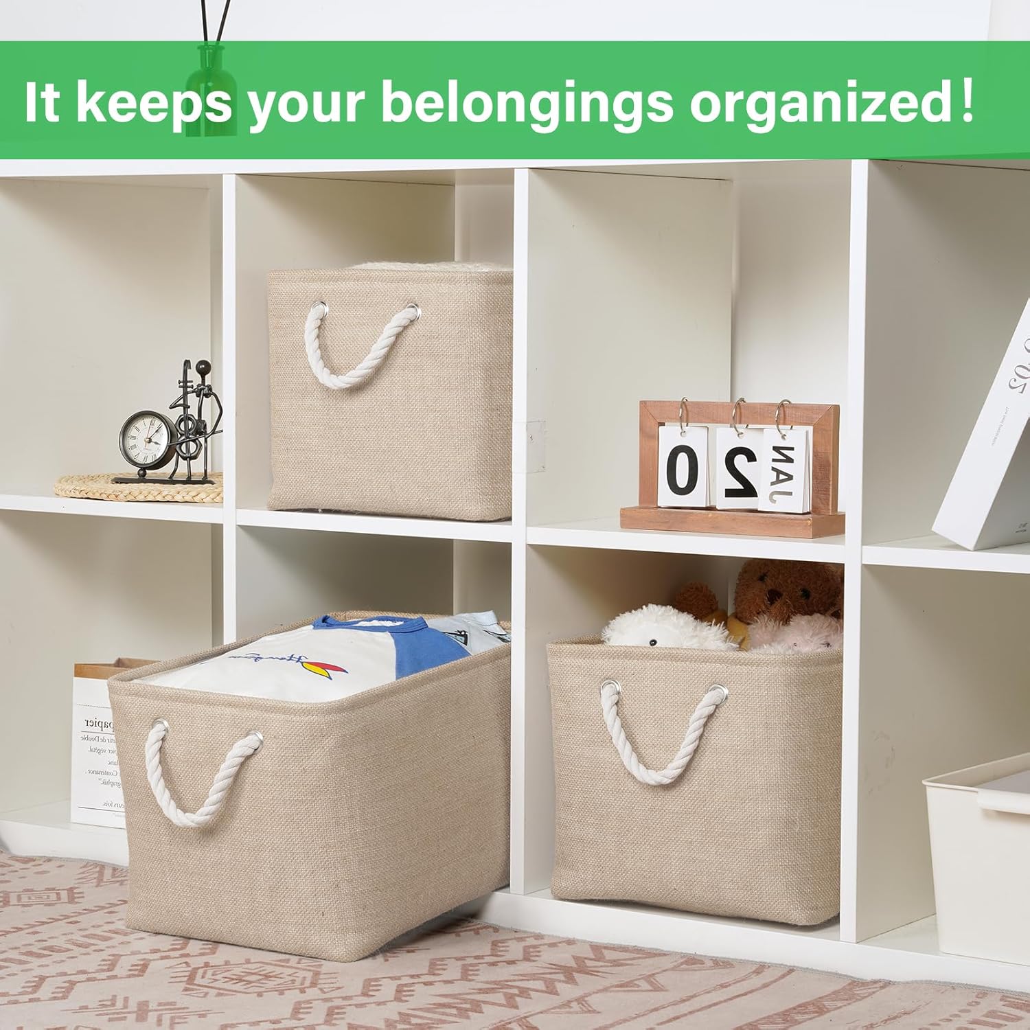 Bidtakay Large Storage Baskets for Shelves 3 Pack Fabric Storage Bins for Organizing Linen Collapsible Organizer for Closet-Flaxen