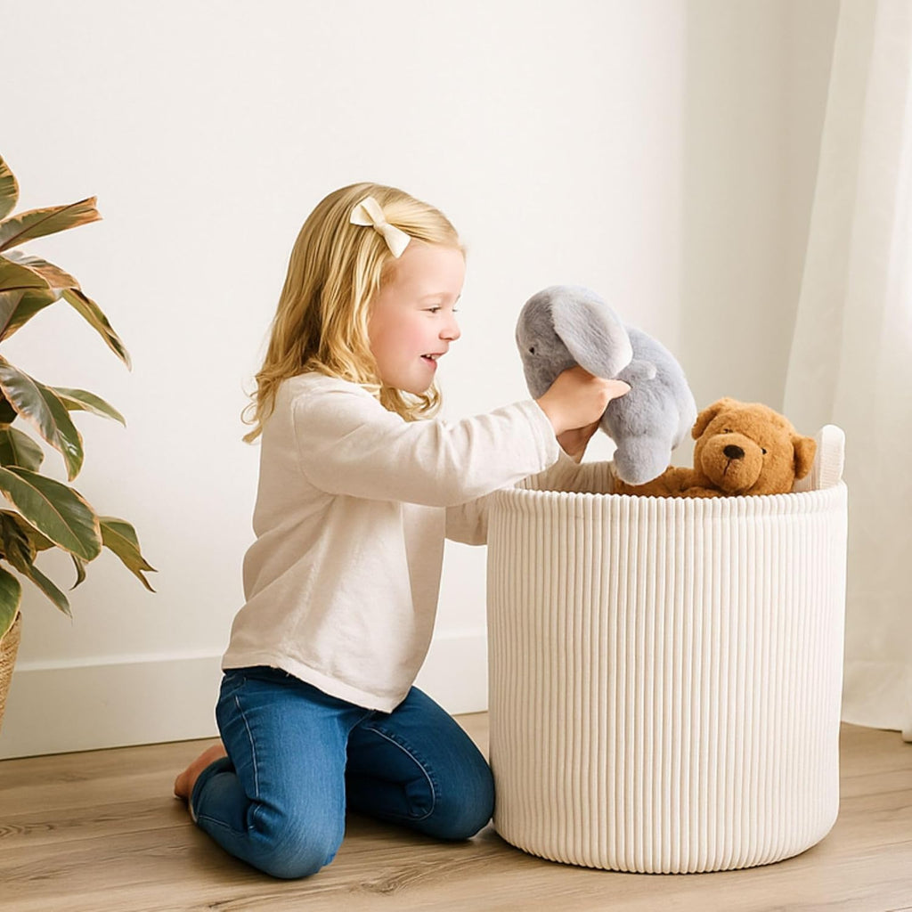 PUTSKA Blanket Basket – Round Storage for Toys and Blankets, Clothes, Stuffed Animals – Soft Baby Girl Basket for Nursery, Kids Room, Bedroom, Living Room – Large, Cream