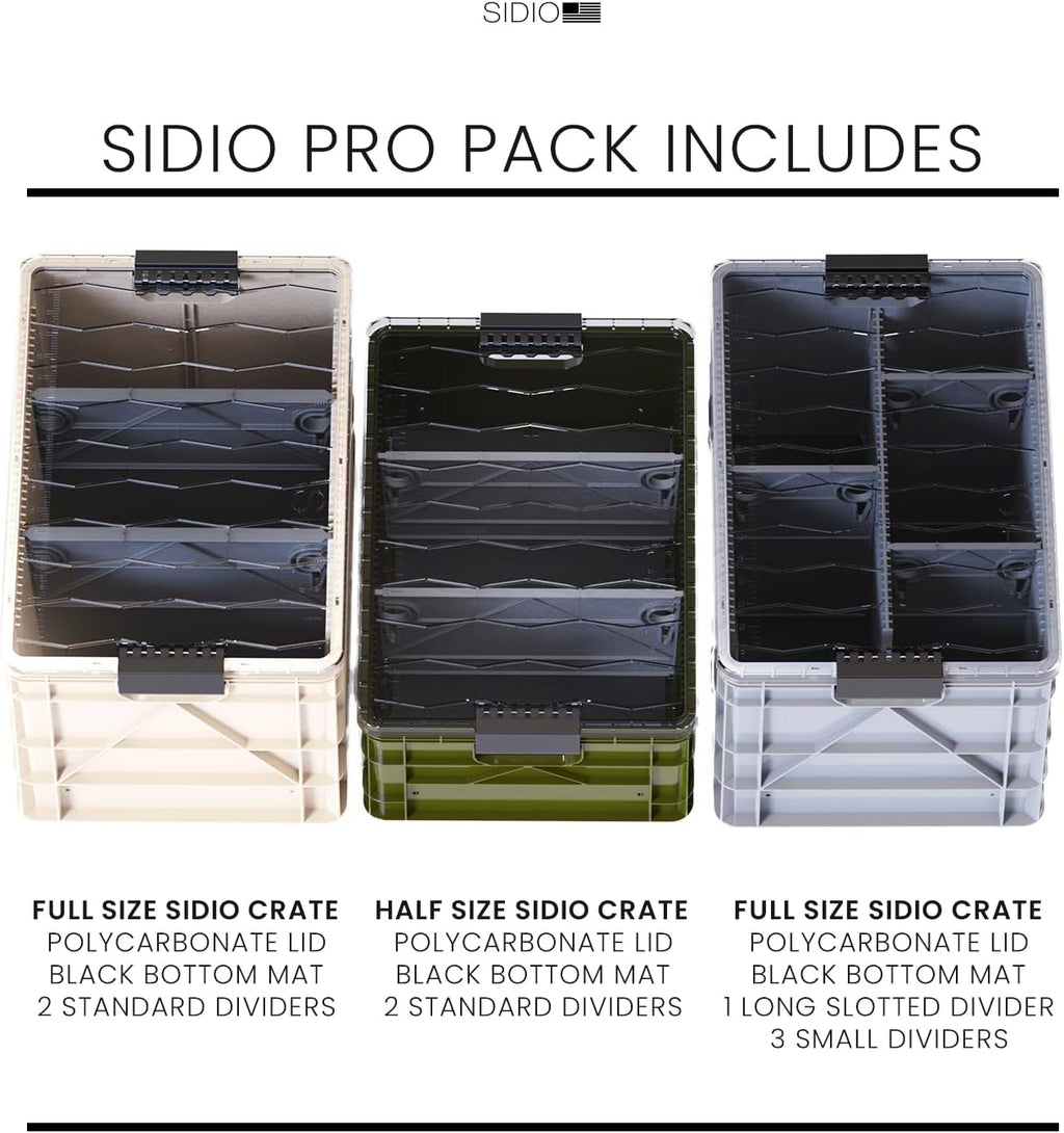 SIDIO CRATE Pro Pack - Two Full Size and One Half Size Heavy Duty Stackable Storage Bins, Totes and Containers with Lids and Dividers - Durable Organizer for Home, Office, Garage, and Outdoor Use