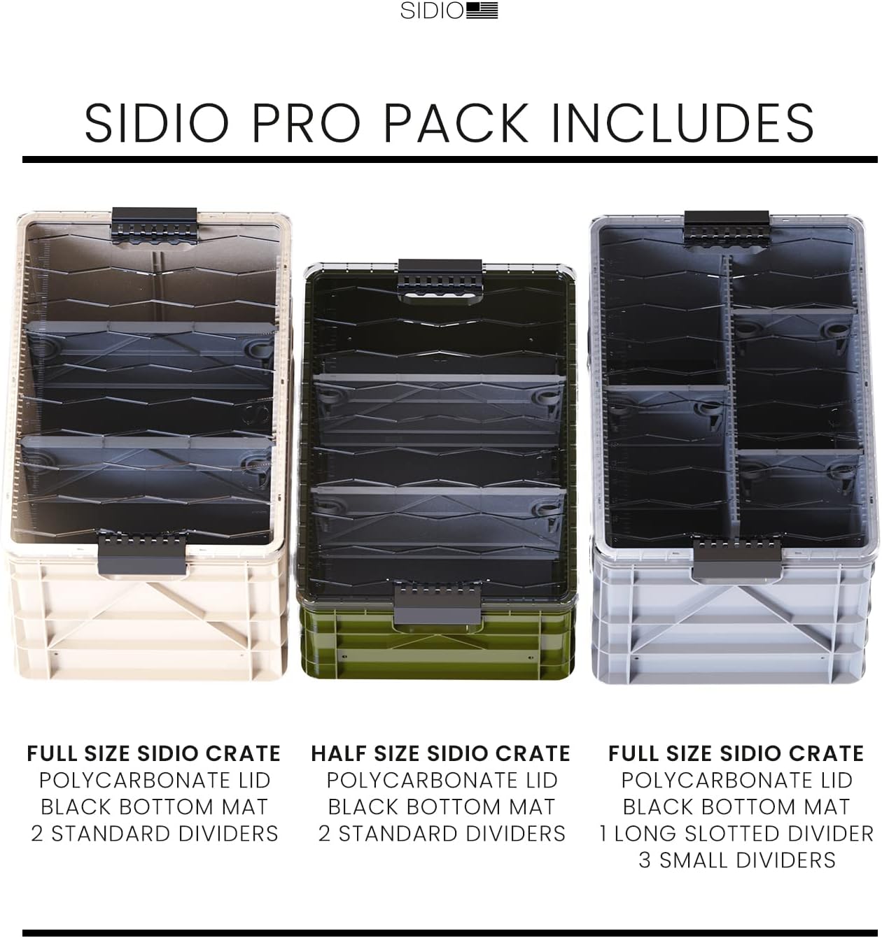 SIDIO CRATE Pro Pack - Two Full Size and One Half Size Heavy Duty Stackable Storage Bins, Totes and Containers with Lids and Dividers - Durable Organizer for Home, Office, Garage, and Outdoor Use