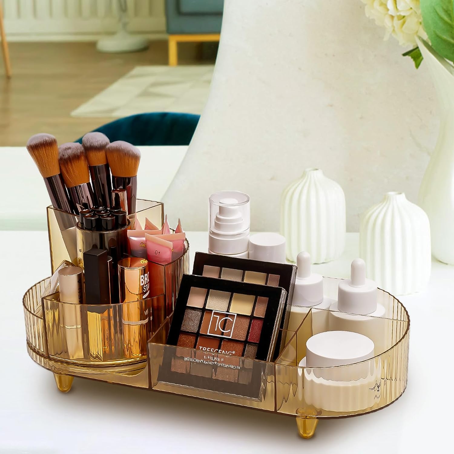 Cosmetic Makeup Storage Organizer, Countertop Makeup Perfume, Rotating Makeup Organizer for Vanity with Brush Holder, Lotions Display Case, Large Spinning Makeup Skincare Organizer (Transparent Gold)