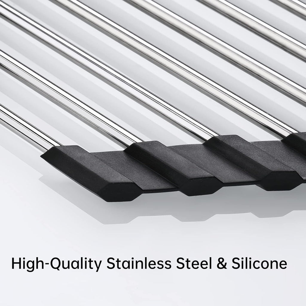 Tomorotec Foldable Stainless Steel Triangle Roll-Up Dish Drying Rack for Small Sink Corners - Over-The-Sink Multipurpose Kitchen Drainer, Rustproof Organizer, Trivet and Shelf - Space-Saving (Black)