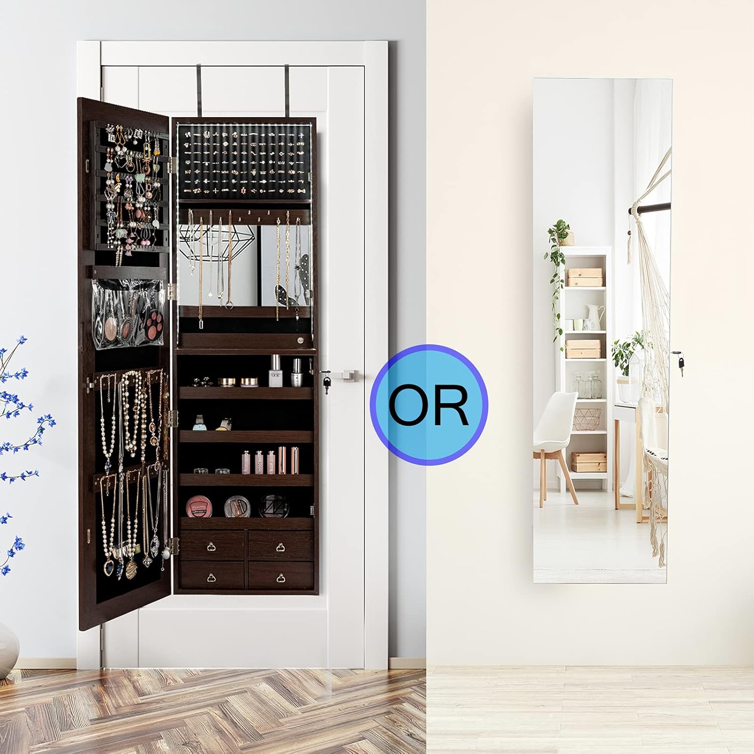 CHARMAID LED Strip Jewelry Armoire with 47.2" H Full Length Mirror, Wall Door Mounted Jewelry Organizer Cabinet with Built-in Mirror, Flip-over Cosmetic Tray, 4 Drawers (Coffee)