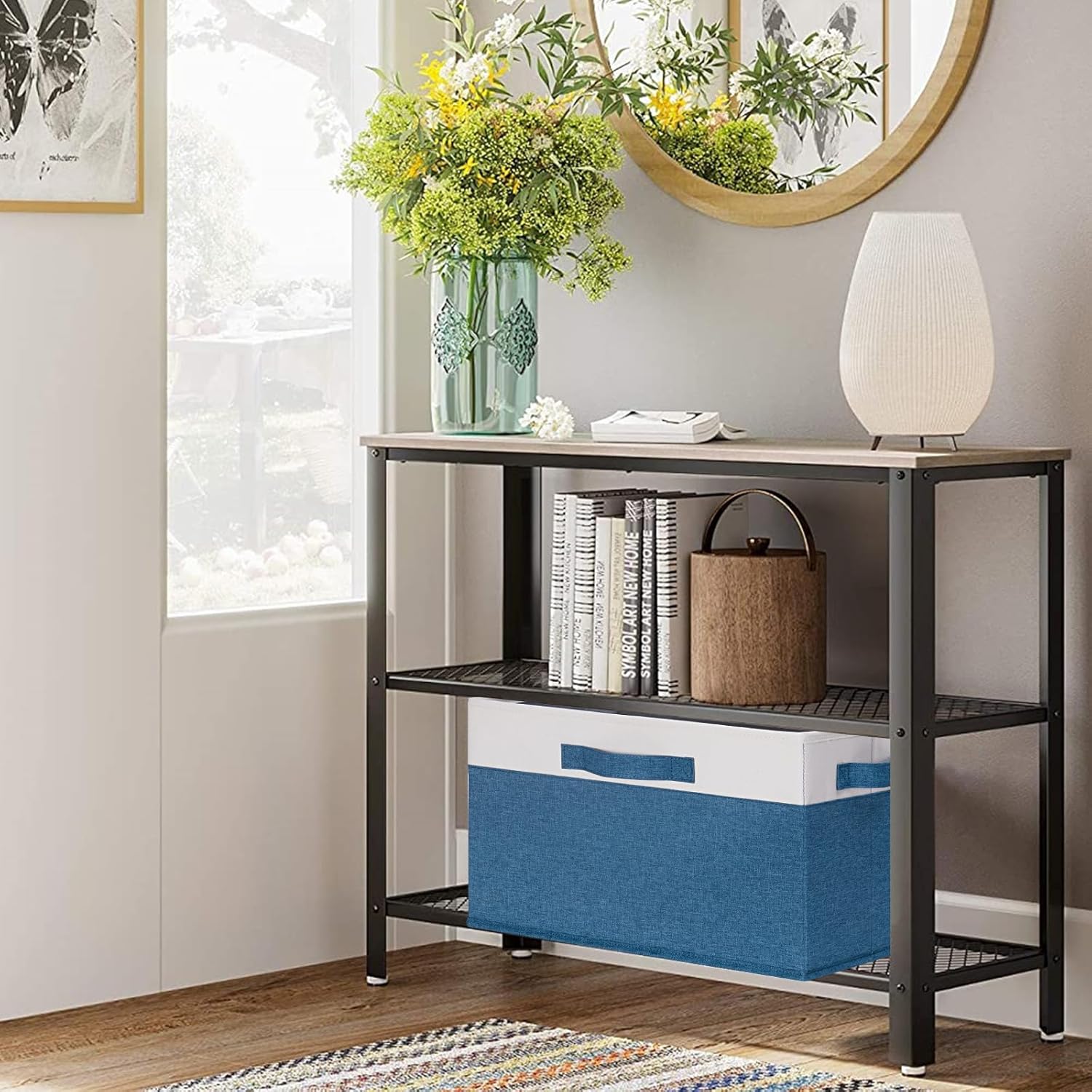 GhvyenntteS Storage Baskets for Shelves 3 Pack, Large Fabric Storage Bins with 3 Handles, Collapsible Closet Organizers and Storage, Sturdy Closet Organizer Bins/Laundry Room Organization, Blue