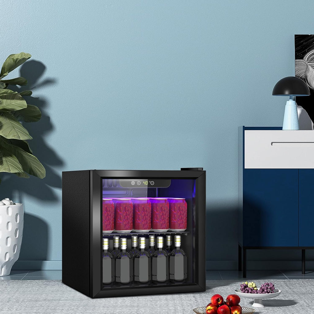 1.3 Cu.Ft Mini Fridge for 60 Cans, Beverage Refrigerator with Glass Door and Digital Display, Small Drink Fridge with Adjustable Shelves for Soda, Beer, Wine, Quiet Compact Fridge for Bedroom