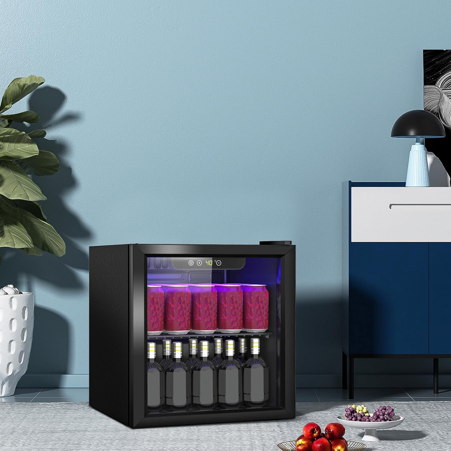 1.3 Cu.Ft Mini Fridge for 60 Cans, Beverage Refrigerator with Glass Door and Digital Display, Small Drink Fridge with Adjustable Shelves for Soda, Beer, Wine, Quiet Compact Fridge for Bedroom