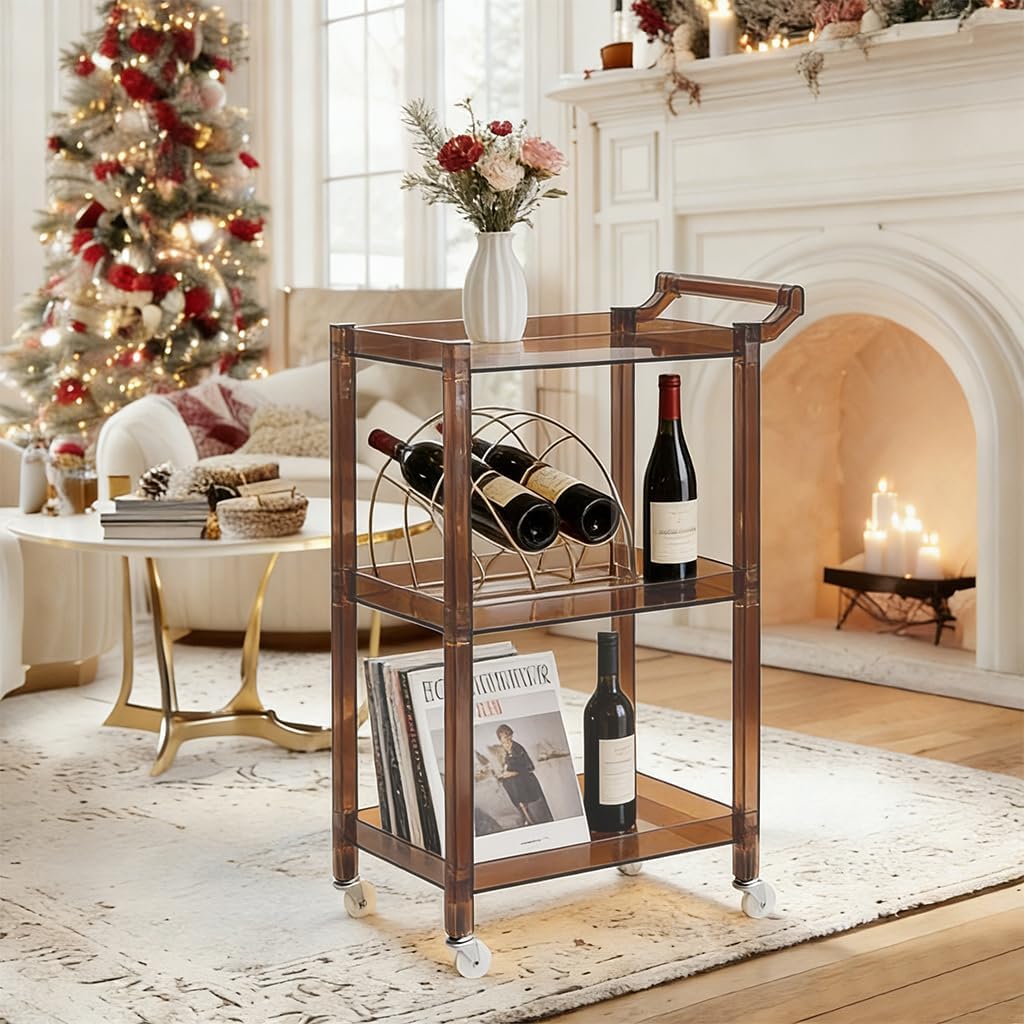 Acrylic Utility Rolling Cart, 3-Tier Clear Acrylic Storage Cart with Pulling Handle & 4 Wheels for Kitchen Living Room Dining Bathroom Laundry, Multifunction Serving Trolley for Small Spaces (Brown)