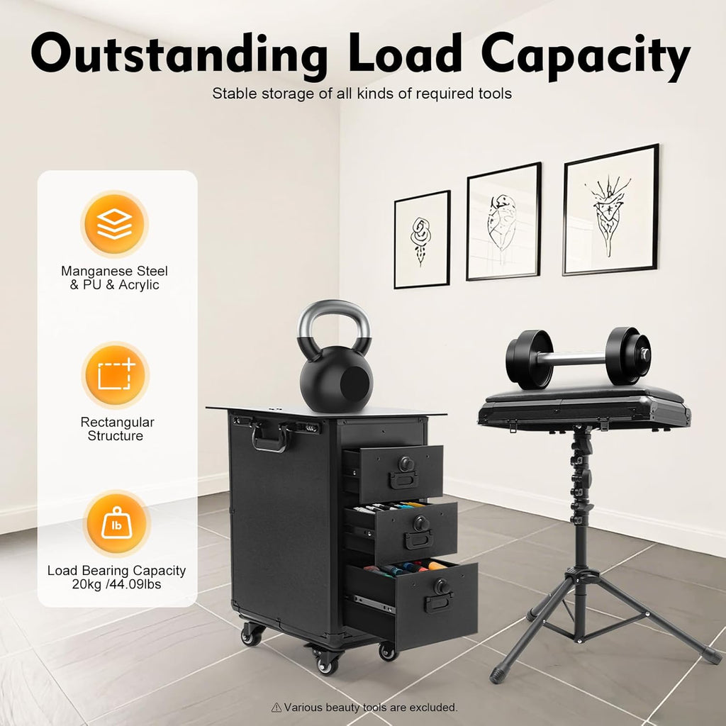 Rolling Makeup Case, 3 Drawers Tattoo Travel Case Makeup Case with Combination Lock for Beauty Salons and Barber Shops 16.54 x 11 x 20.87 Inch Black