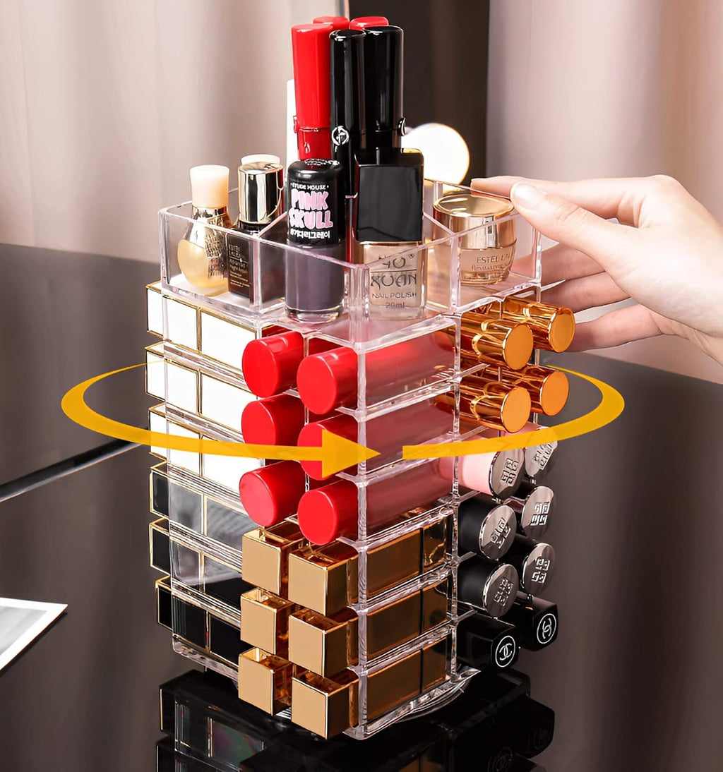 Sooyee 360 Degree Spinning Lipstick Organizer Holder 53 Spaces,Acrylic Cosmetic Display Cases for Lipstick, Brushes, Bottles, and more,Clear