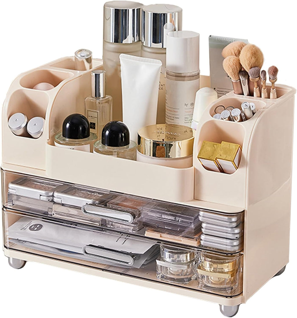 Large Makeup Organizers Countertop for Vanity, Bathroom Make Up Storage with Brush Holder, Cosmetic Display Case with 2 Drawers for Skincare,Lipstick (Cream White)
