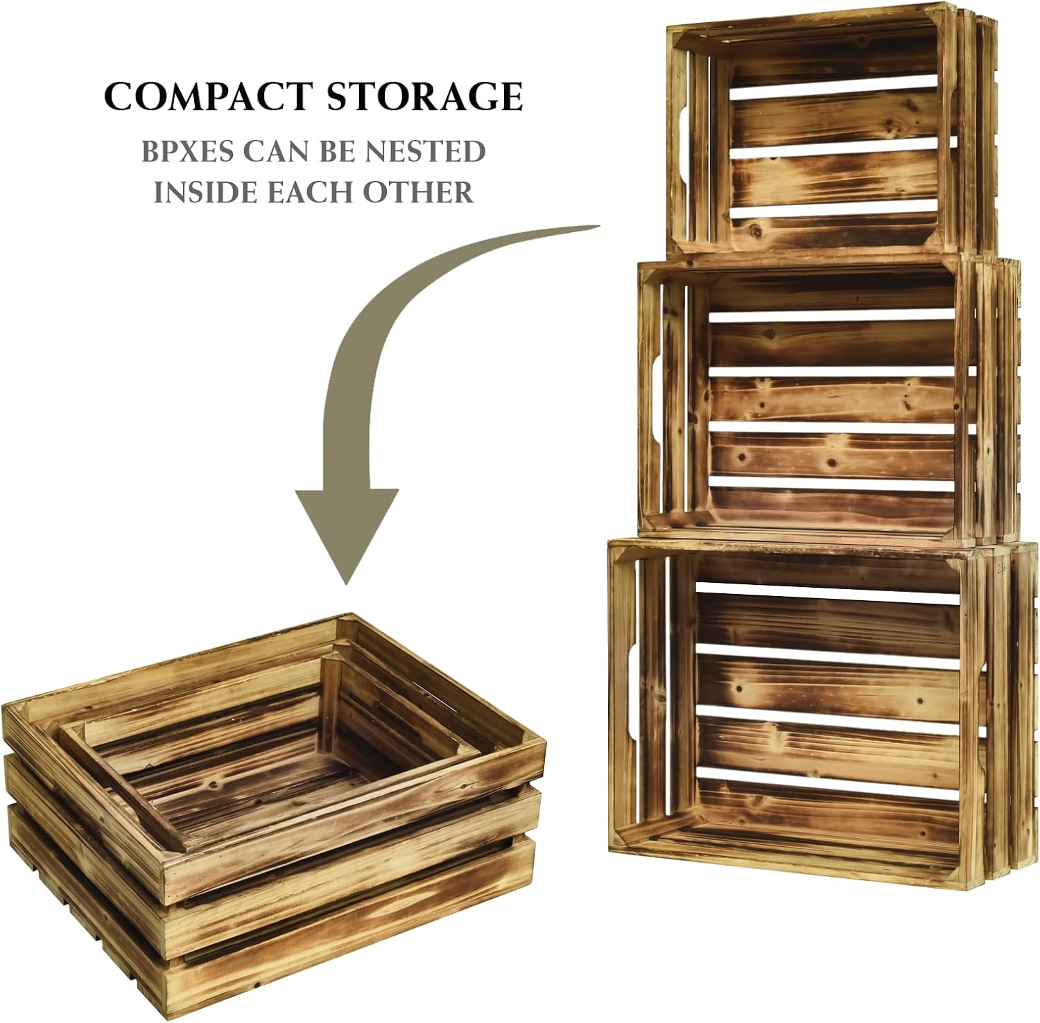 Wooden Crates Set of 3 - Large Rustic Wood Nesting Crates for Decoration, Display, Storage Boxes brown wooden crates farmers market deco wooden crates (Brown)