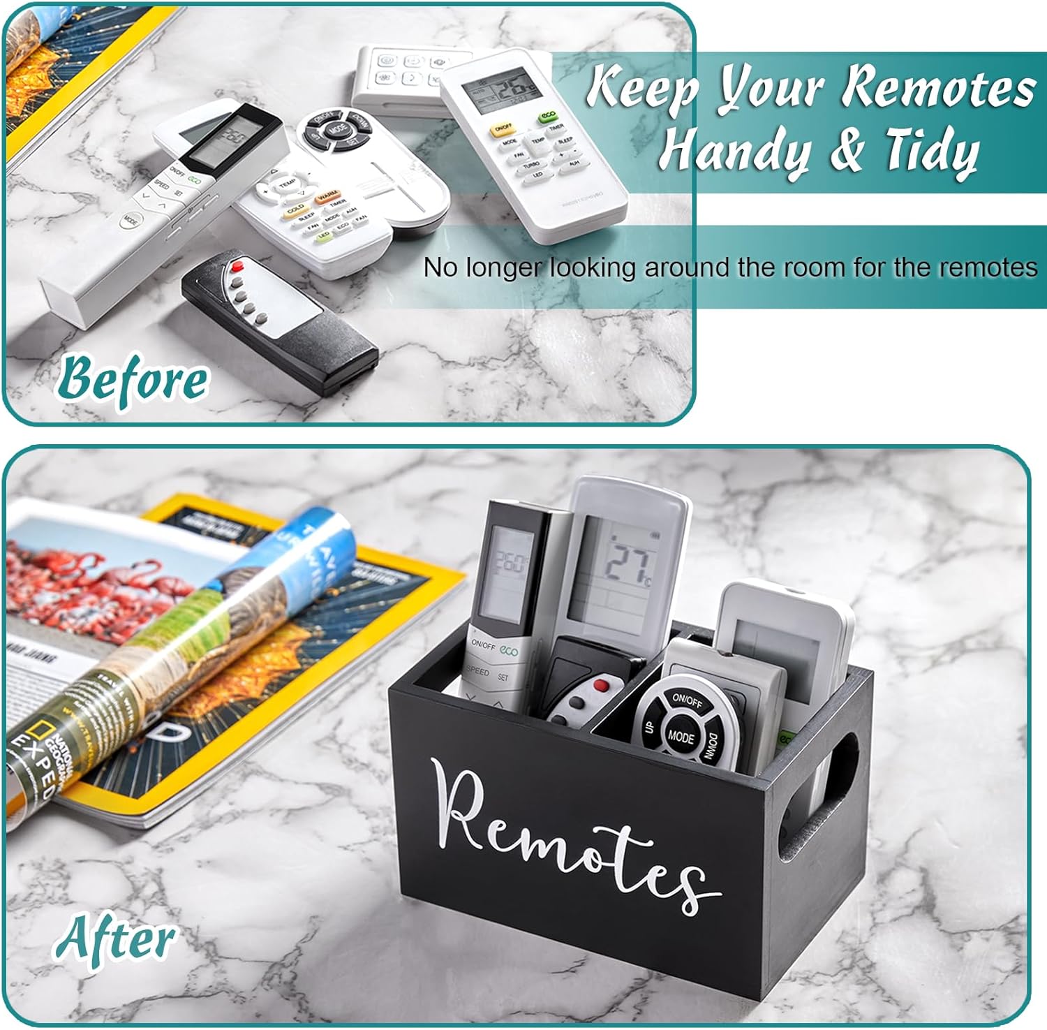 DRASTAR Remote Control Holder, TV Remote Holder, Remote Organizer Caddy for Table, Wooden Remote Box for Nightstand, Black Remote Caddy with 2 Slots