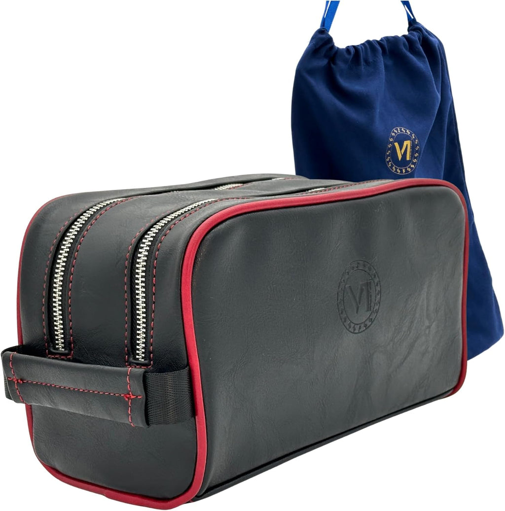 Dopp Gift Large Travel Toiletry Bag Premium Quality PU Leather Two compartments YKK Zippers Water-resistant Bottom Studs Mesh Pockets Durable Cosmetic Organizer BLACK/BURGUNDY