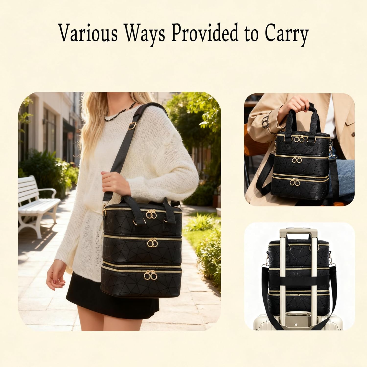 3 Layers Nail Polish Organizer Bag - Holds 60 Bottles,Portable Travel Case with Shoulder Strap,Nail Tech Kit Storage,Versatile Cosmetics Case,Detachable,Waterproof,Gifts for Women