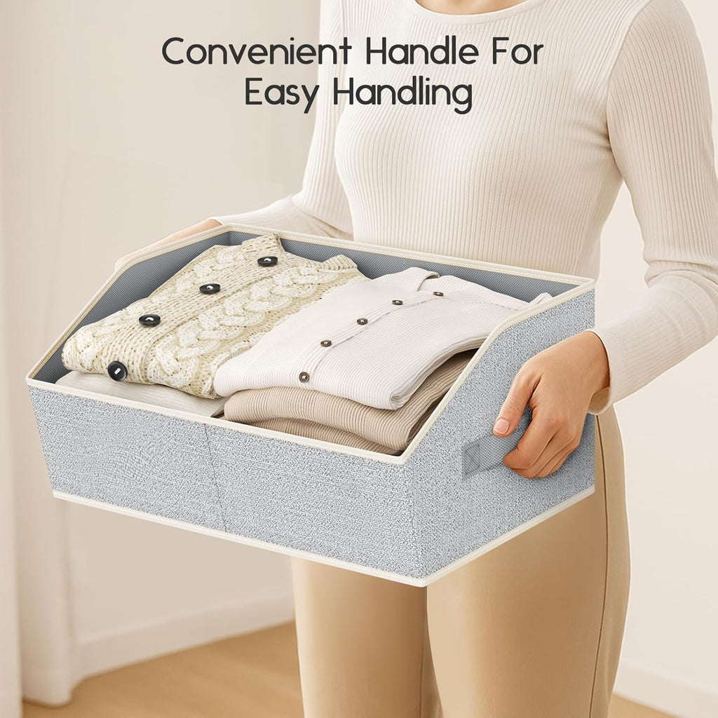 Large Closet Organizers and Storage Bins - 6 Pack Trapezoid Storage Baskets for Shelves, Foldable Fabric Baskets with Handles Ideal for Closet, Basket, Wardrobe and Shelf Storage, Light Grey