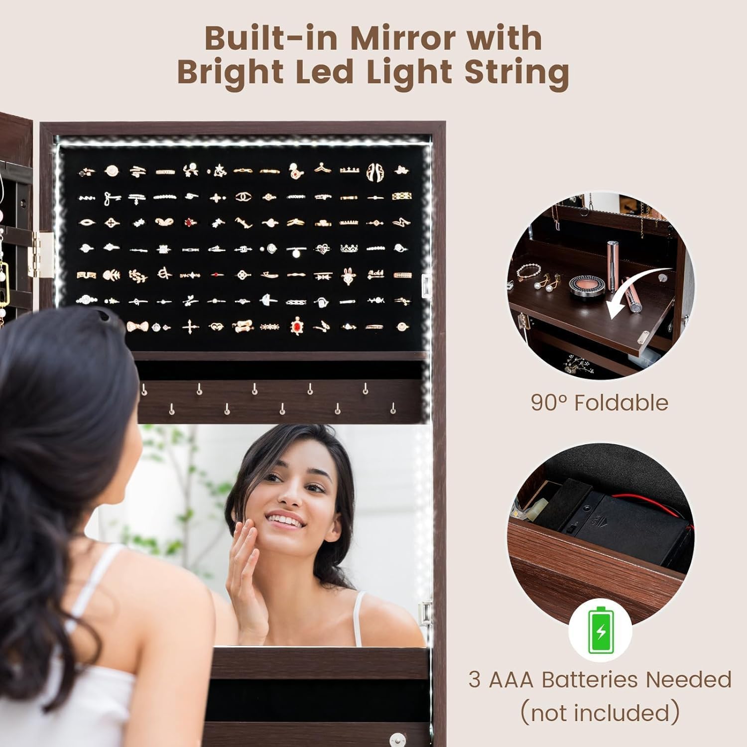 LDAILY 47” LED Jewelry Armoire, Door/Wall Mounted Mirror w/Storage, 4 Shelves, 4 Drawers, Full Length Mirror & Flip-up Makeup Tray, Lockable Jewelry Organizer Cabinet for Women & Girls, Gift (Coffee)