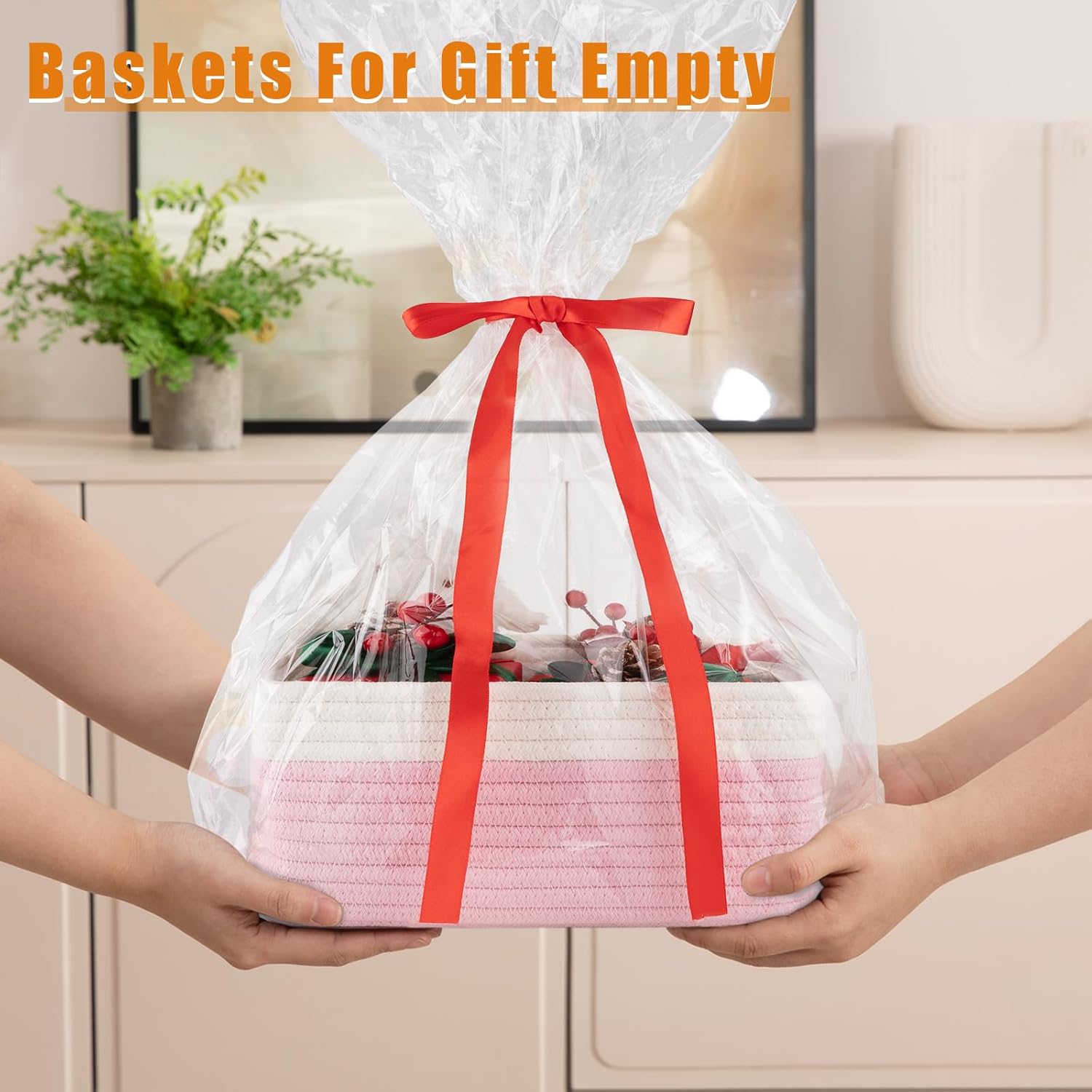 OIAHOMY 4 Pack Storage Baskets for Organizing, Small Bins for Shelves, Cute Decorative Storage Bins, Organizer Baskets for Gifts Empty, 11.8''Lx7.8''Wx4.7''H, Pink/White