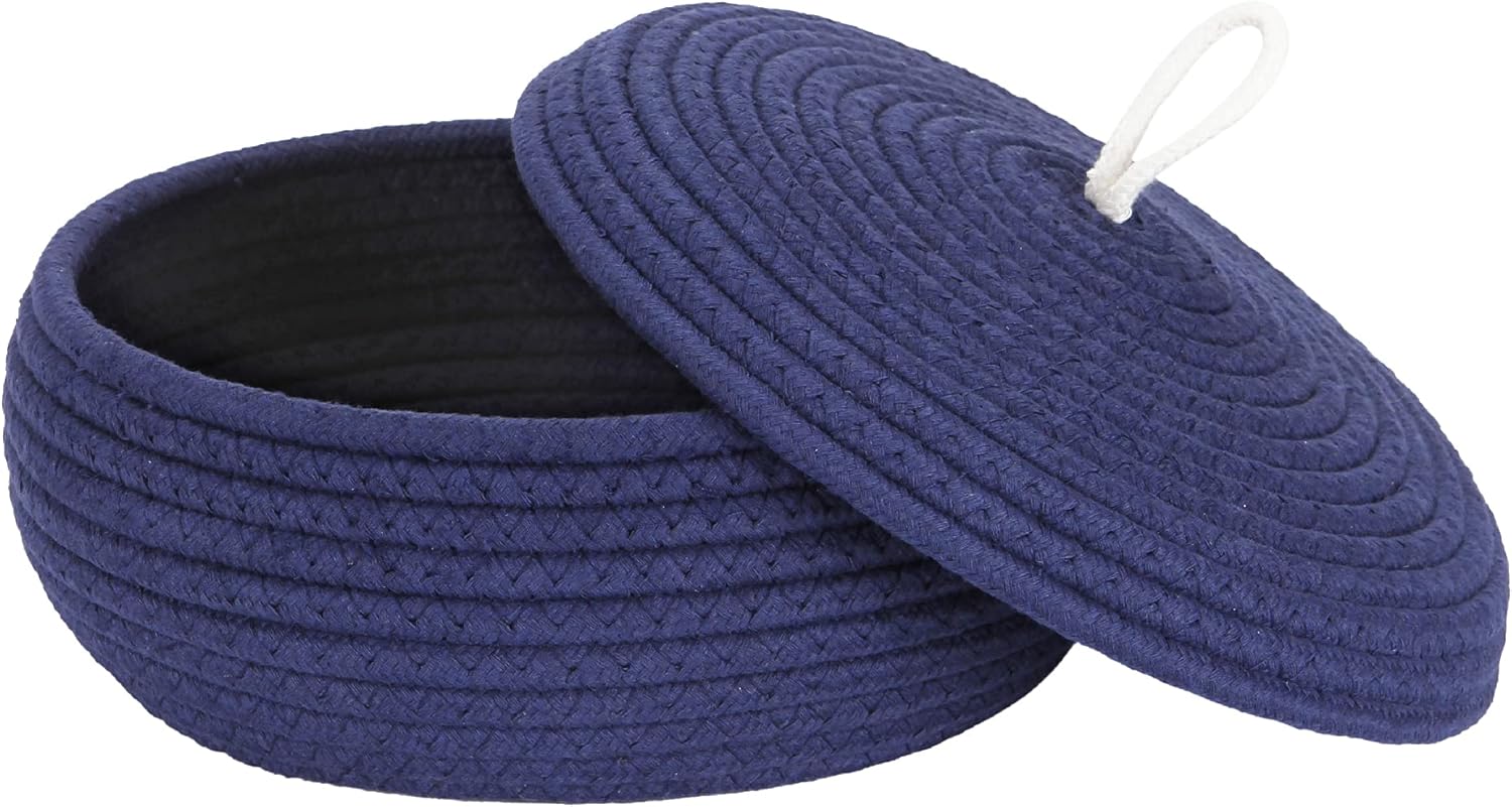 Sea Team Round Cotton Rope Storage Basket with Lid, Decorative Woven Storage Bin, Pot, Caddy, Organizer, Container for Snacks, Towels, Plants, 10 x 4.5 Inches (Small, Shallow, Dark Blue)
