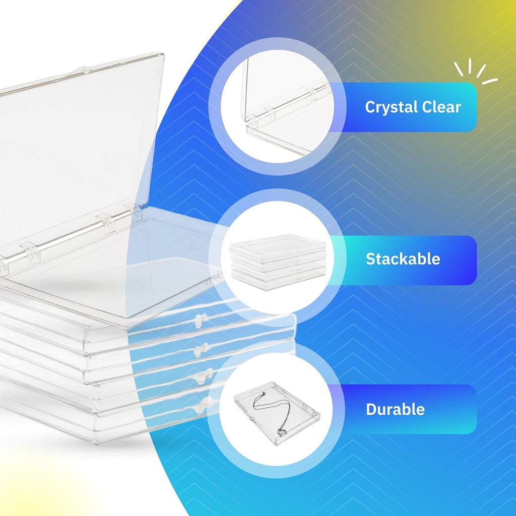 4-Pack Clear Hinged Plastic Containers, Keepsake Storage Boxes, 6" L x 4" W x 1/2" H, Made in USA, Plastic Display Case and Storage Containers