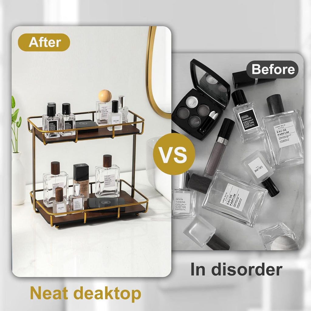 Bathroom Organizer Countertop Perfume Organizer Makeup Organizer Cosmetics Storage Display Rack Vanity Tray Dresser Stainless Steel Gold Shelf Wooden Tray