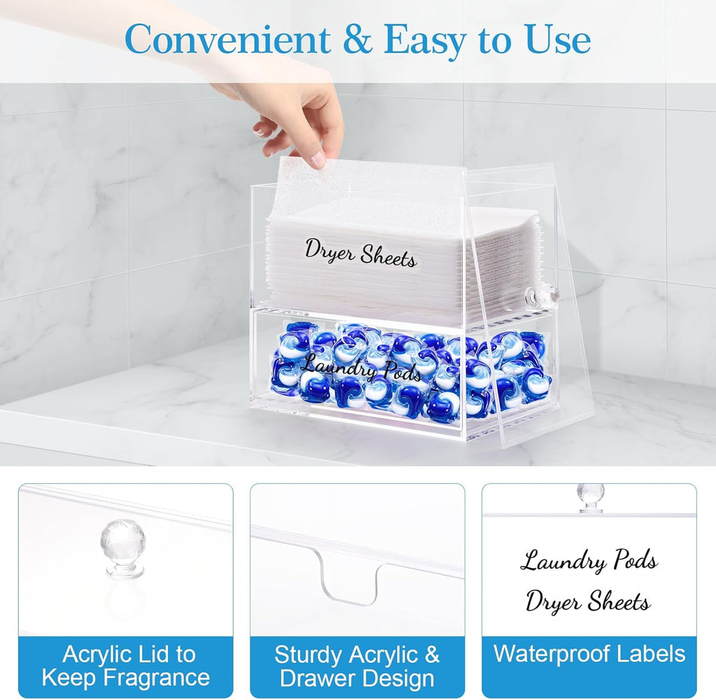 JYPS 1+1 Acrylic Dryer Sheet Holder with Drawer and Bamboo Lid, Clear Acrylic Large-Capacity Laundry Pods Container, Scent Boosters & Powder, Laundry Room Organization decor, Storage Jars Set