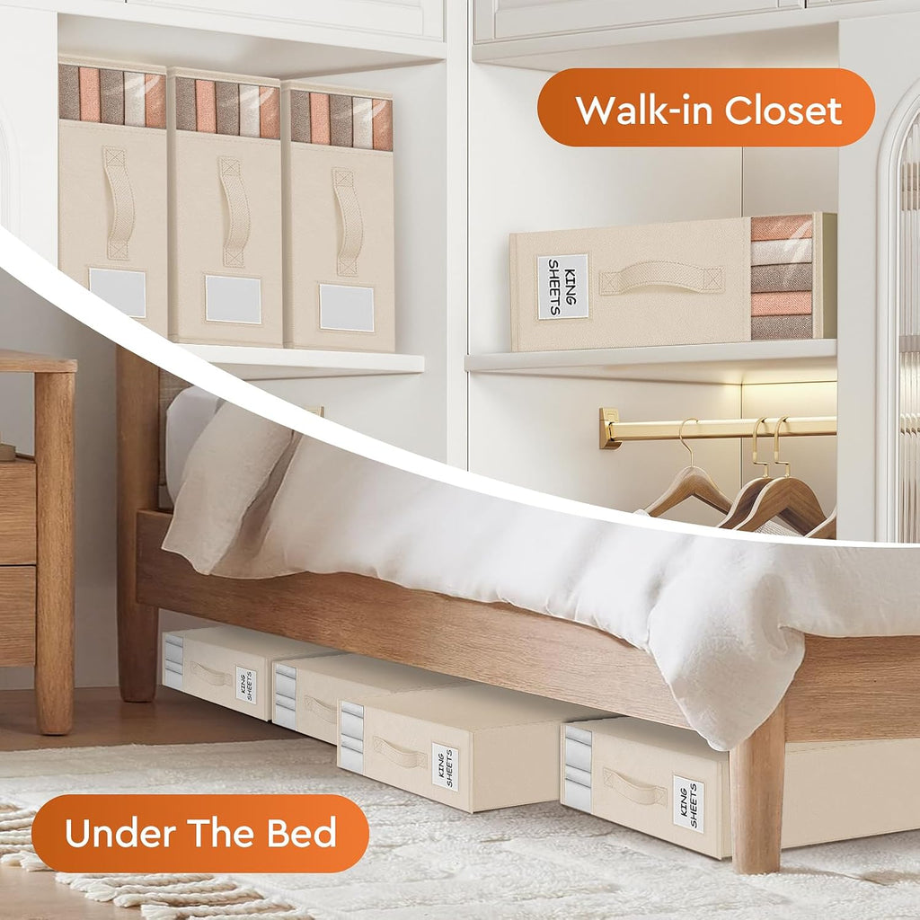 6 Pack Bed Sheet Closet Organizers and Storage,Sturdy Foldable Storage Containers with Window and Label,Storage and Organization for Bedding Sheets,Duvet Covers,Blankets (Beige)