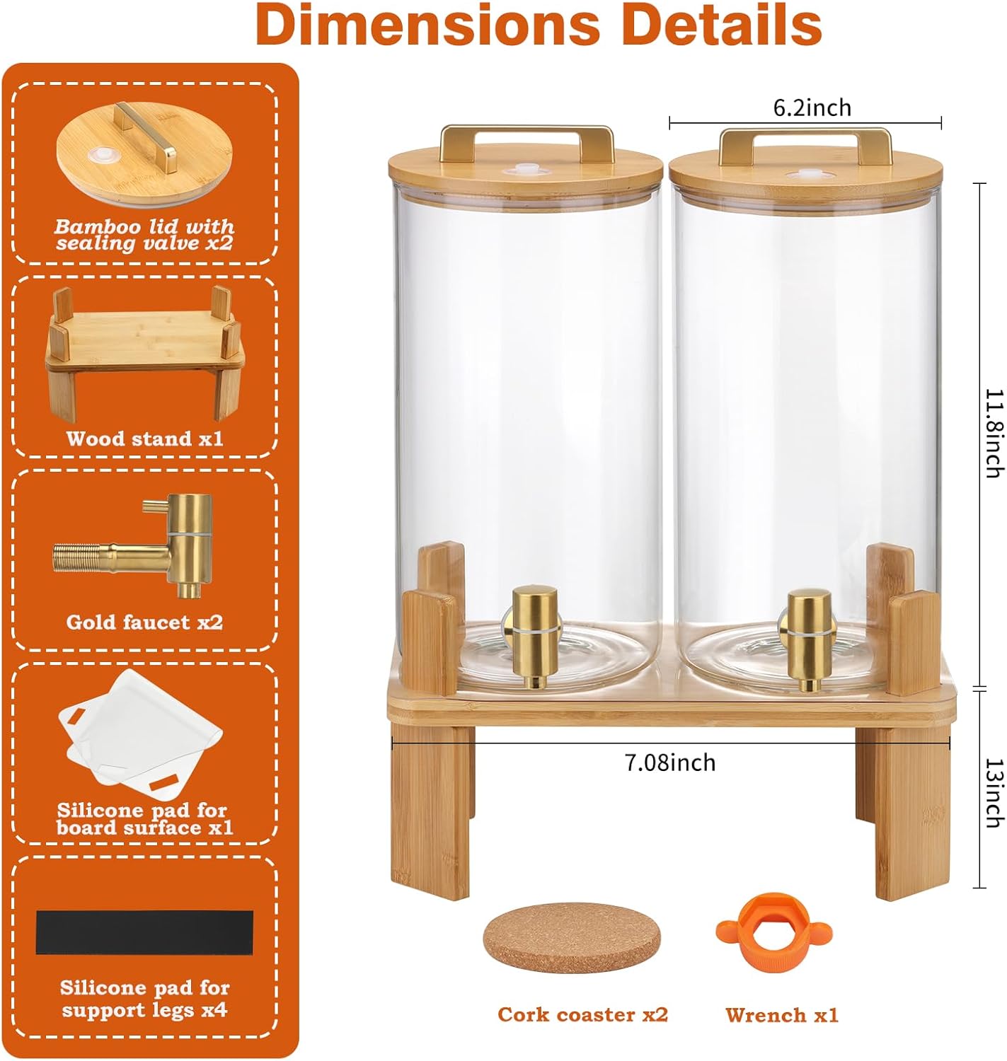 1.5 Gallon 2 PACK Glass Drink dispenser, Beverage Dispenser With Wood Stand, Lemonade Dispenser with Airtight Valve and Stainless Steel Spigot,Drink Dispenser for Parties