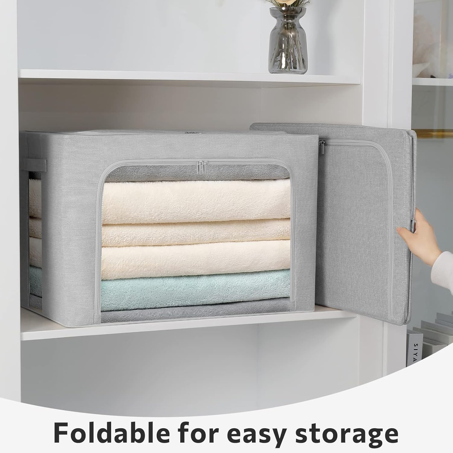 FHSQX 2 Pack Clear Window Storage Bins - Large Stackable Linen Fabric Storage for Clothes Foldable Container Organizer Set with Carrying Handles (Light Gray, 15.7x 11.8x 11.7 Inch)