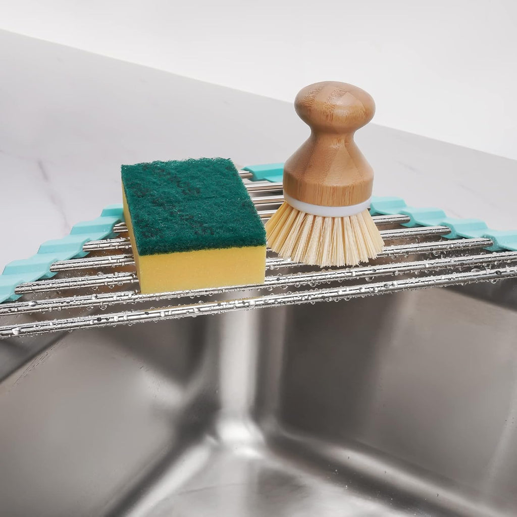 Tomorotec Green Triangle Roll-Up Dish Drying Rack for Sink Corner - Small, Foldable, Stainless Steel, Multipurpose Kitchen Drainer Caddy, Trivet, Rustproof Organizer, Storage Shelf