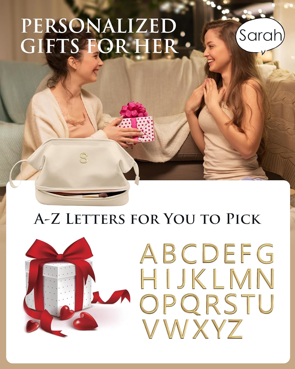 Initial Makeup Bag, Women Gifts, Personalized Double Layer Cosmetic Bag with Makeup Brush Organizer, Waterproof, Large Capacity PU Leather Travel Toiletry Bag Gifts for Friends Female Mom