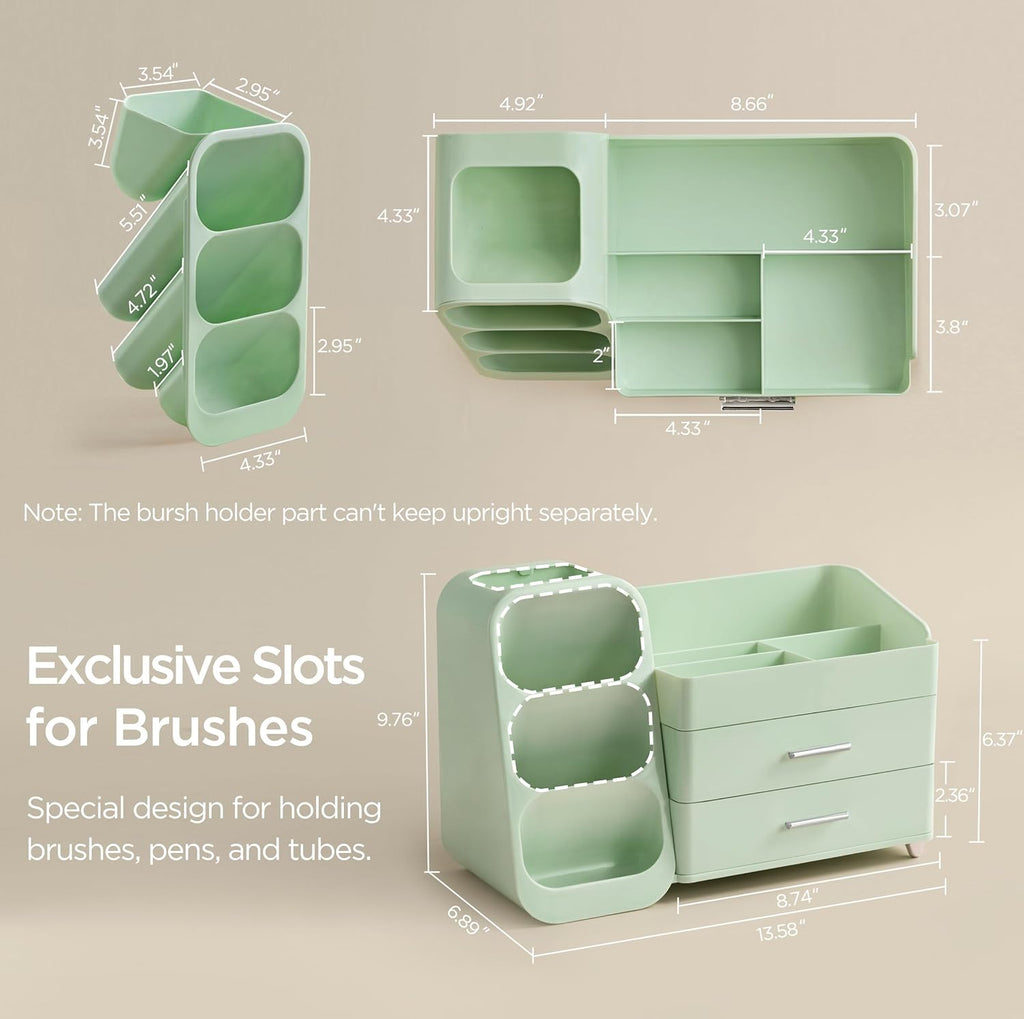 HBlife Makeup Organizer with Brush Holder for Vanity, Large Plastic Bathroom Countertop Organizer Skin Care Storage, Easy to Store Lipsticks, Nail Polishes, Perfumes, Eyeshadow Palettes, All Green