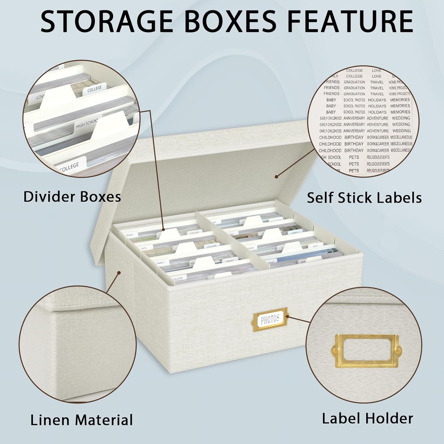 Decorative Photo Storage Box - Linen Photo Box Organizer with Dividers, Fits Holds Up to 1700 Pictures and 4x6 Photos, Memory Keepsake Organizer for Photos, Scrapbook Supplies, Cards, Stamps (Beige)