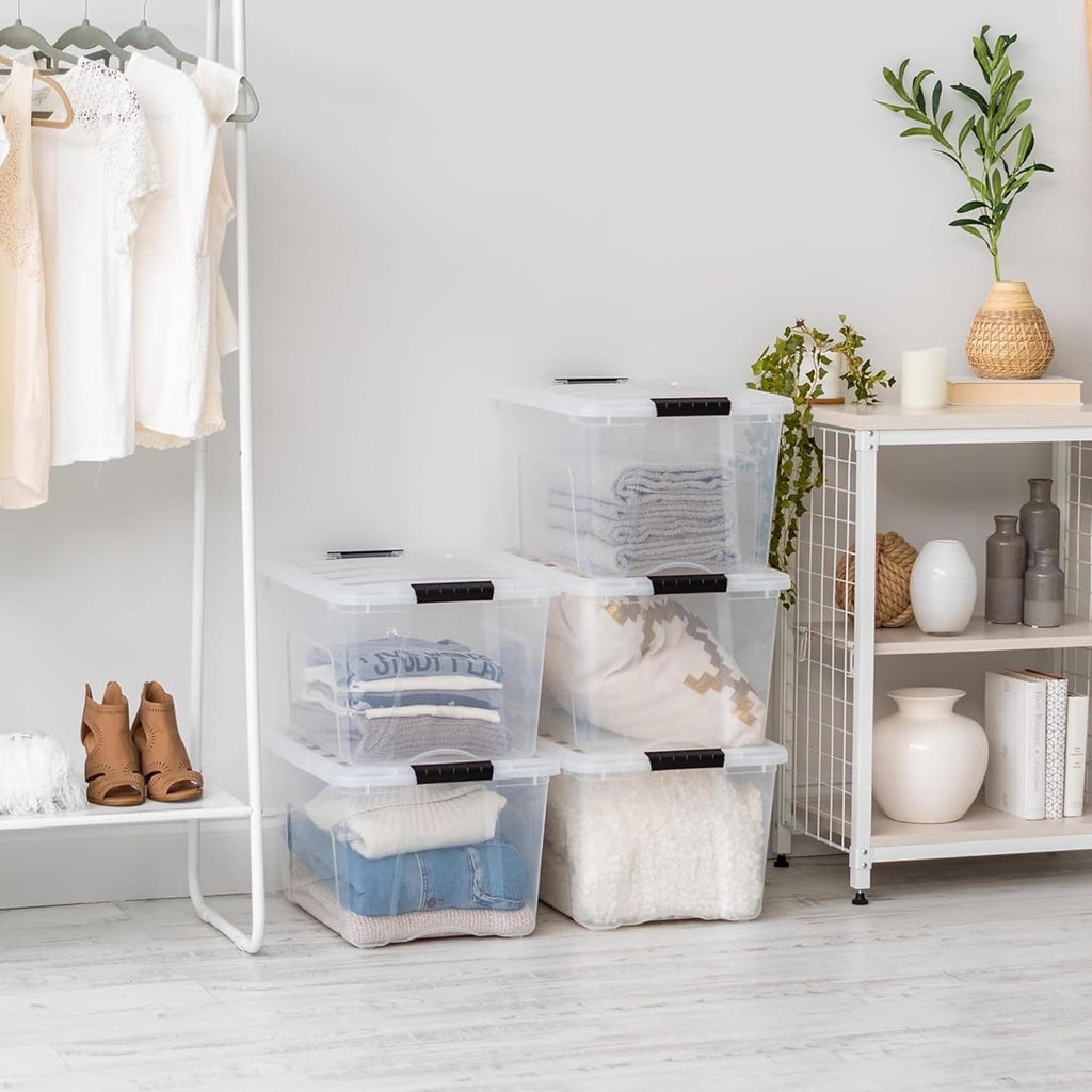 IRIS USA 40 QT Plastic Storage Box with Lid and Latches - 6 Pack - BPA-Free, See-Through Organizing Solution, Durable Nestable Stackable Containers, Secure Pull Handle - Clear