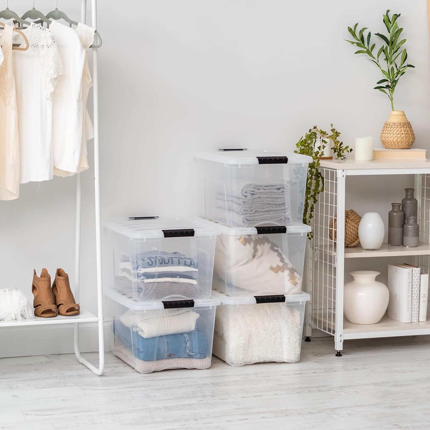 IRIS USA 40 QT Plastic Storage Box with Lid and Latches - 6 Pack - BPA-Free, See-Through Organizing Solution, Durable Nestable Stackable Containers, Secure Pull Handle - Clear