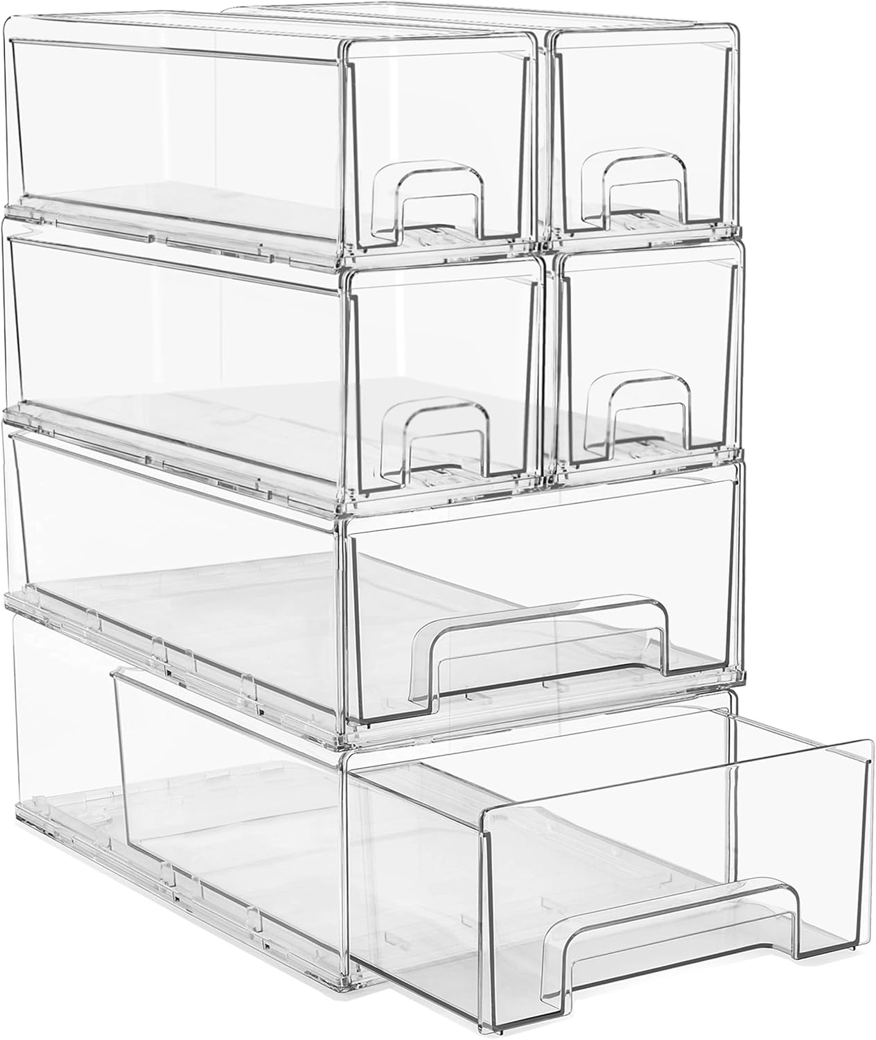 Sorbus 2 Medium & 4 Small Clear Stackable Storage Drawers – Plastic Organizer Bins with Handles – Stackable Pull-Out Storage Drawers for Closet, Pantry, Office, Bathroom, Craft, and Toy Organization