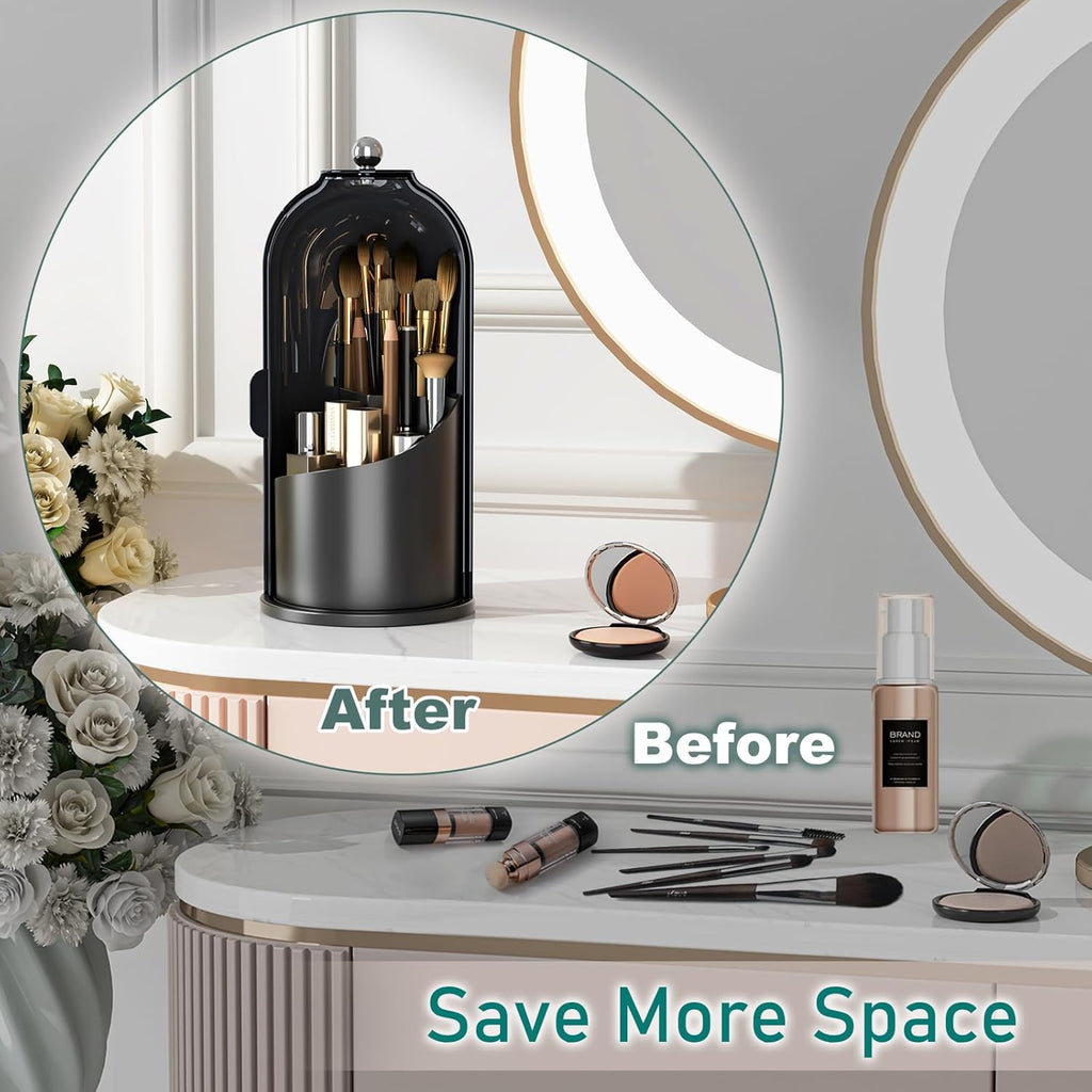 GAXmi Makeup Brush Holder with Lid Cosmetic Tools Organizer 360 Rotating Waterproof Dustproof Beauty Brushes Storage for Vanity, Dark Black