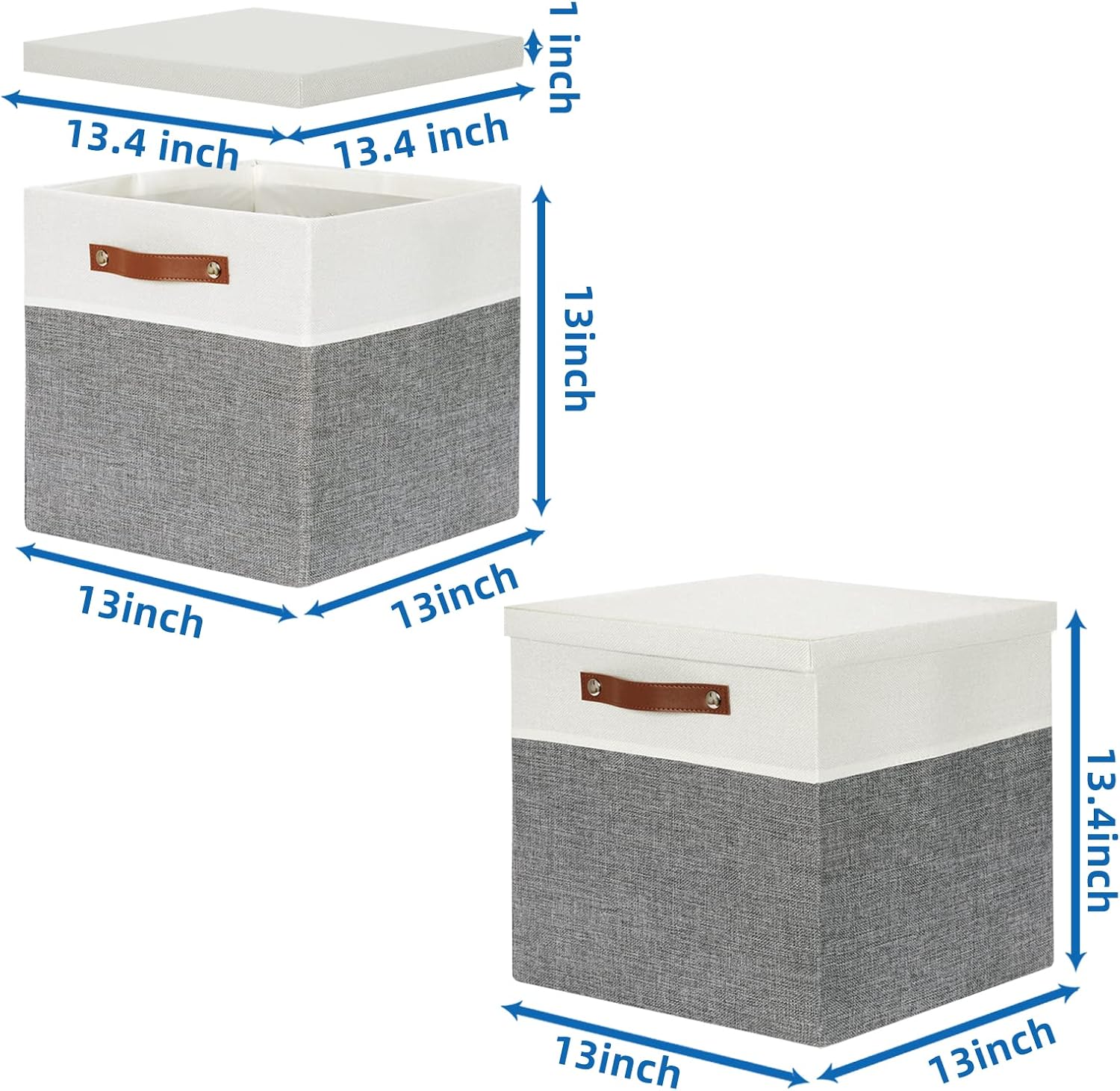 Temary Cube Storage Bins with Lids for Organizing Clothes, [2-Pack] Foldable Storage Boxes with Handles, Closet Storage Baskets for Living Room (White&Gray, 13x13x13inch)