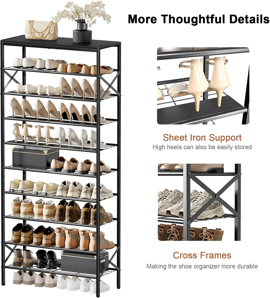 10-Tier Tall Shoe Rack Organizer Shoe Storage for Entryway 30-40 Pairs Metal Shoe Rack for Closet Heavy-Duty Shoe Rack with Wooden Top Shelf for Garage Black